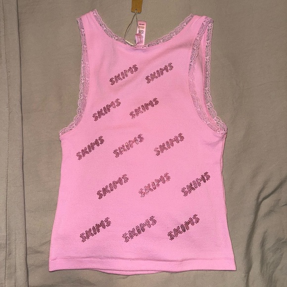 Skims Pointelle Pink Lace Trim Rhinestone Tank Top - Picture 4 of 4
